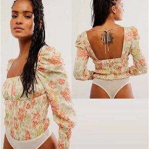 Intimately Free People Floral Wanderlust Bodysuit L Square Neck Smocked Cheeky